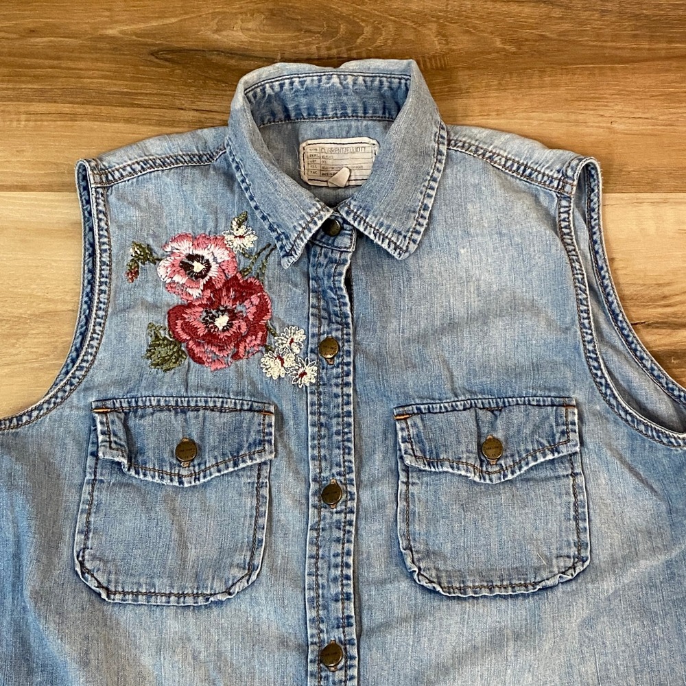 Current‎ Elliott Sleeveless Denim Shirt Dress Floral Embroidery Size 0